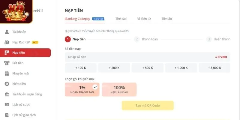 Hệ thống đa dạng khi nạp tiền XO68